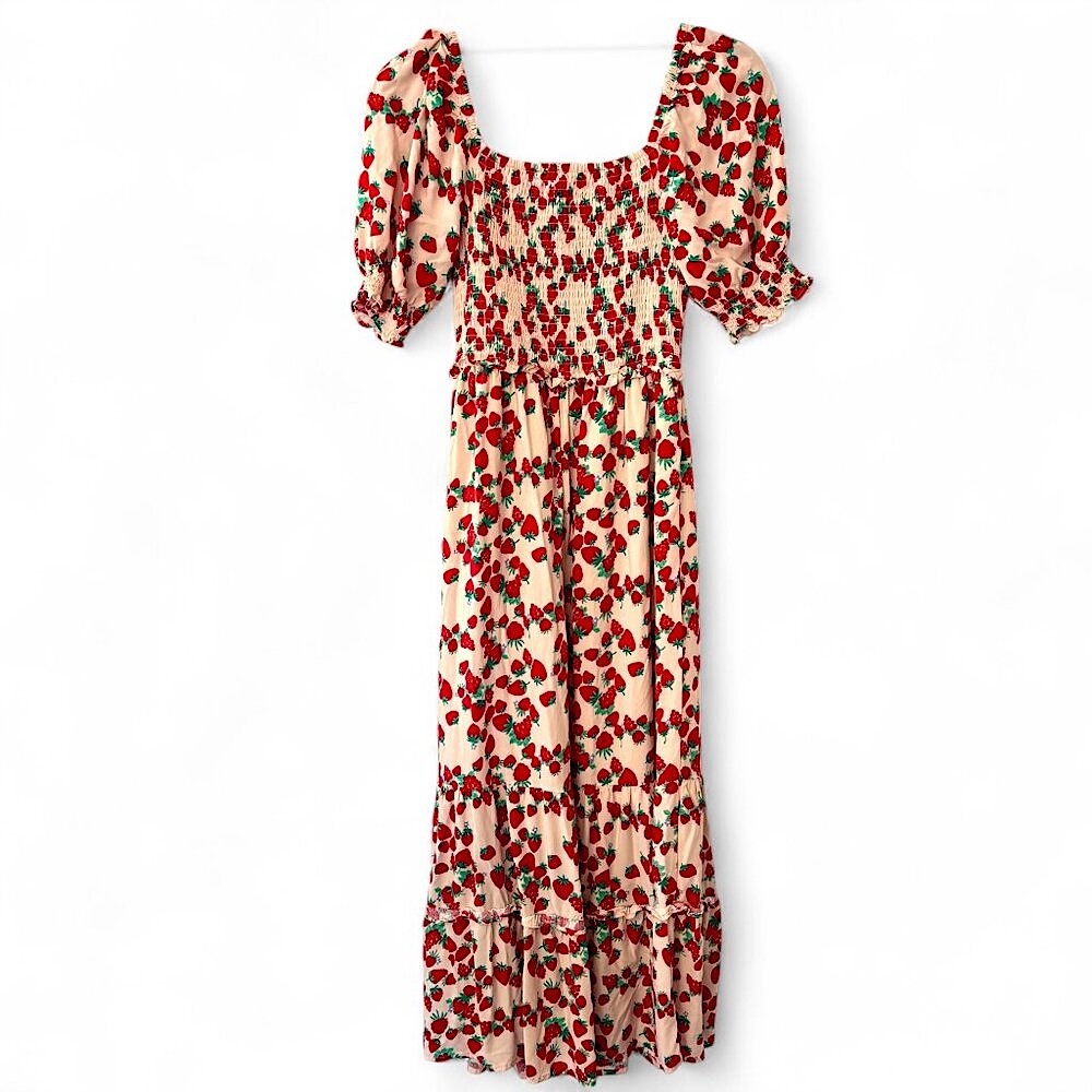 Betsey Johnson Sz XS Smocked Puff Sleeve Strawberry Maxi Dress - Picture 5 of 8